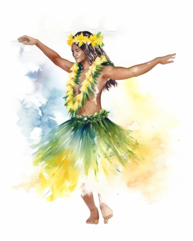 delicate watercolor pastel clipart of a Hawaiian hula dancer dancing in front of a king