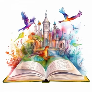 Watercolor Fantasy open Books Clipart with fantasy castlle, birds, the perspective is from a road from forest mistic look, magic colorful admosfere, hight quality white background
