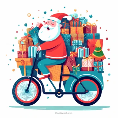 Santa riding Christmas cargo bike with cart full of huge heap of presents flat illustration clipart white background