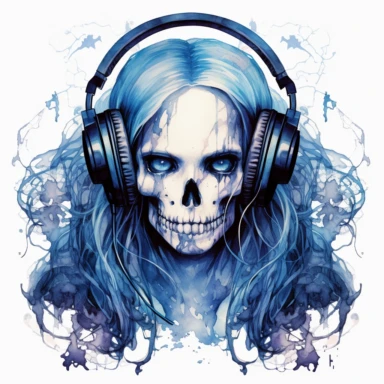 Watercolor skull with long hair back with a headsets, tshirt design clipart, contour