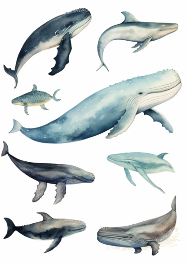 whales and whales cliparts by flora & fauna, in the style of dark white and light azure, mural painting, watercolor, strong facial expression, wimmelbilder, group material, large-scale