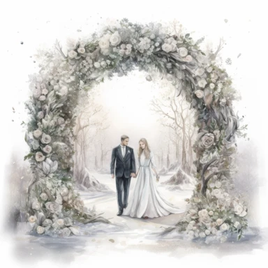 watercolor, hyper realistic, white background, white margins, 16k, ultra detailed clipart, cut out image, hand-drawn a bride and groom standing under a floral arch in a winter wonderland. The arch is covered in white and silver flowers, and there are snowflakes falling around them