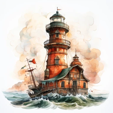 Fantasy lighthouse Clipart, Watercolor, hyper realistic, intricate detail, illustration style, high resolution, on the white background