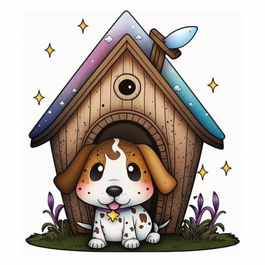clipart with white background of a doghouse in the style of mystical fantasy, magical, kawaii style
