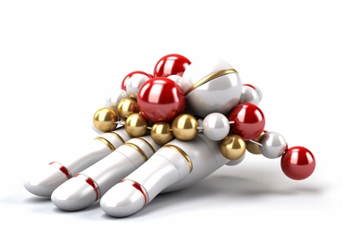 3d white mannequin hands holding Christmas ornaments, red and gold balls, stars and candy cane. Seasonal festive clip art, isolated on white background. Abstract holiday concept.