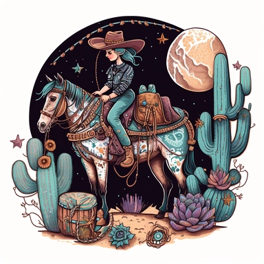 hand drawn clipart, country cowgirl with horse, rope, barrel. cactus, gun, mooon, stars, planets, cowboy hat, boots
