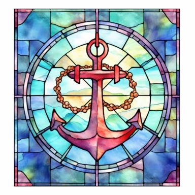 commercial shot of watercolor nautical anchor Stain glass window clipart, whimsical, sublimation clipart, fantasy, deep colors, high quality watercolor style clipart, isolated on white, award winning,