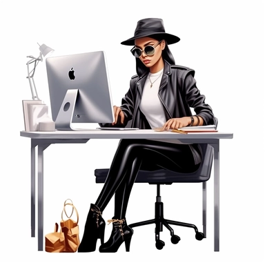 latino lady boss wearing fashionable bold clothes, sitting at the desk and working on the computer, realistic illustration, clipart, isolated on white background, 4K