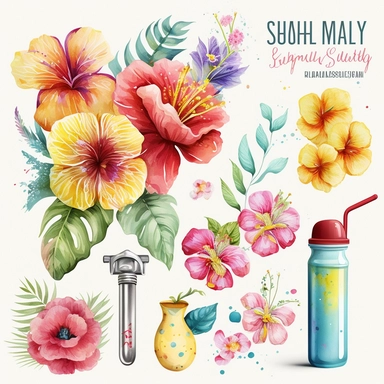 summer Illustrations, water festival , hibiscus flower, Floral Bouquet, colorful squirt gun, Planner Graphics, Cheerful Colors, Hand-Drawn Art, Botanical Clipart, Watercolor Elements, single design, 8k
