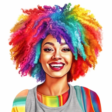 black African American woman with rainbow afro portrait clipart, watercolor style, hyper realistic, detailed, white background