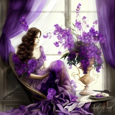 beautiful bouquet of purple flowers in large crystal glass vase, on a table in front of a large vintage window with flowing drapes, romantic, shabby chic, beautiful brunette lady, long hair, sitting in large winged upholstered chair reading, romantic, ethereal, clipart style, better defined face
