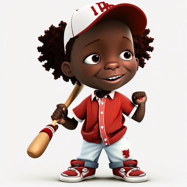 Cute five year old, little black boy, clip, art, cartoon character, red and white baseball, pants and shirt, baseball cap, happy, white background, red and white colors, smiling, baseball bat, and glove Full body and photo
