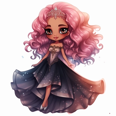 A cute detailed black girl in chibi style, Jasmine Becket - Griffith style, watercolour illustration clipart with real glitter detail, wearing a beautiful pink full length ballgown style dress, the girl has long red hair, the girl has blue eyes, full body image, with feet isolated on a white background,