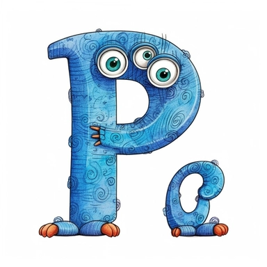 clipart style blue letter P with black line, with arms, legs and friendly cute face for children, isolated, white background,
