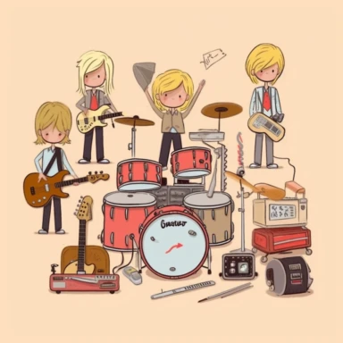 a set of clipart inspired by the story of a fledging American rock band at a Swiss boarding school as conceived by Wes Anderson, rich kids at an exclusive school playing rock music, The Royal Tennanbaums, preppy rock aesthetic