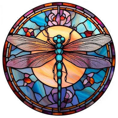 Vintage Cute Beautiful Colorful Round Faux Stained Glass Dragonfly Sublimation Clipart,Cartoon,hyper realistic, intricate detail, illustration style,high solution,on the white background