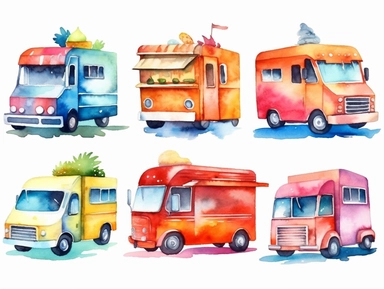 Watercolor clip art on white background, Food Trucks Clipart, high-resolution image with vibrant and true-to-life colors, isolated