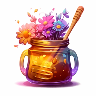 a clipart of a honey jar accompanied by a wooden dipper and a bouquet of flowers. You can arrange the flowers around the jar and show the dipper inside it. white background, holographic, futuristic, transparent details, chromatic aberration, colorized, diffraction grading , 4k, 8k, highly detailed, neon pastel color palette, retrofuturpunk, scattering, black and white balance, editorial photography, moody lighting, shaders, looks like professional hdr photography in fashion magazine, lumen refle