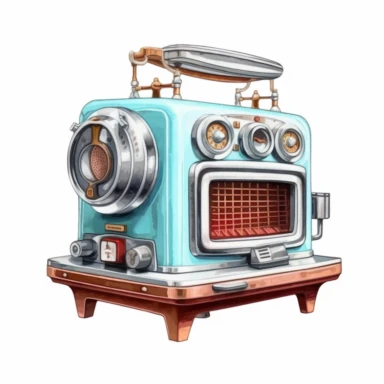 beautiful vintage old hollywood home appliances, paint art style, clipart, white background, superrealistic, one of a kind