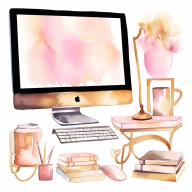handpaint, iMac clipart,devices icon set, isolated white background, single design, sharp, bold , sweet pink, cream pastel, gold, hand-painted watercolor