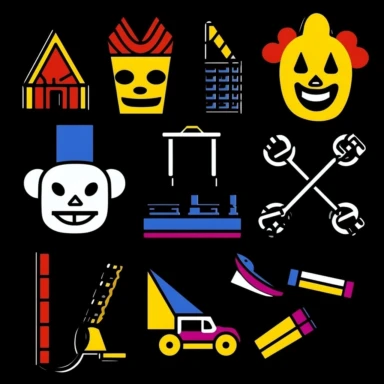 a set of black line clipart inspired by killer clowns income inequality and The Purge and Lego and Funko Pop toys