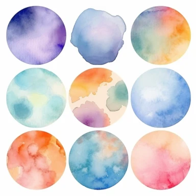 Nine abstract watercolor background vector clipart, in different light pastel colors, rounded, hazy romanticism, free brushwork