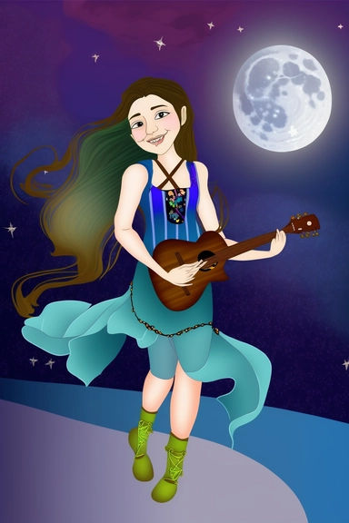 Aurora Moonchaser - A wandering bard beautiful young woman deviantart, no gradients, pixabay by Verónica Ruiz de Velasco, Marie Angel, cartoon, pop art, full_body, Muggur, Bálint Kiss, lineless, Daphne Fedarb, vector art, clipart, Lü Ji, Melissa A. Benson, Li Chevalier, Randy Vargas, Rumiko Takahashi, Karl Bryullov, Nara Yoshitomo, Hugh Hughes