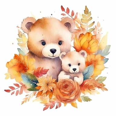 clip art watercolor,dady and kids bear, flower and leaf background, colorful watercolor, white background, adult watercolor design, full HD design, smooth design, 8k