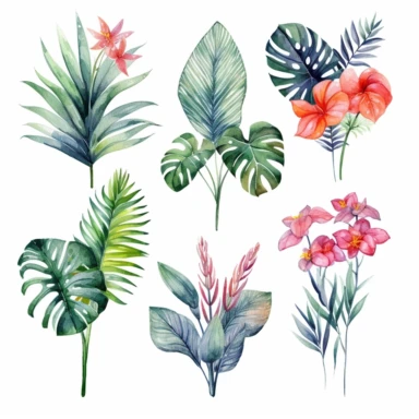 jungle plants, watercolor clipart, detailed, beautiful, bright pastel colors, isolated white, background, 8K