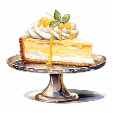 This highly detailed watercolor clipart features a tall and elegant tall banana cream cheesecake perched on a pedestal, set against a pristine white background. The artwork captures the sophistication and grandeur of this delightful dessert with remarkable precision. The cheesecake is meticulously rendered, showcasing its tall and luscious layers. Placed on a decorative pedestal, it exudes an air of refinement. Against the clean white backdrop, this clipart stands out as a symbol of indulgence a
