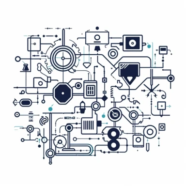 A one line vector of technology, in the style of mechanical animation, clipart, clean look at how technology can make complex things easier to understand, no words, white background. ar4:5