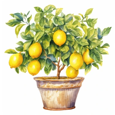 watercolor mediterranean pot with lemon tree clipart on white background