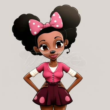 2d, beuatiful vibrant full body happy african american adult mickey mouse woman clipart, dark brown face, pink ears, cartoon realistic