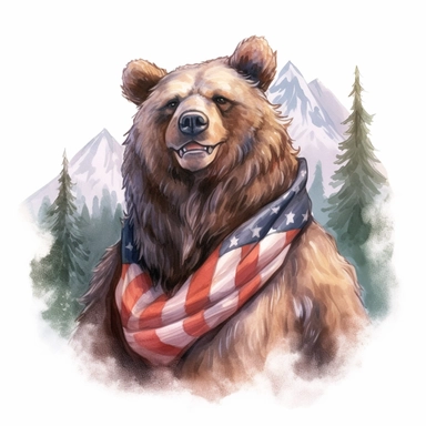 a robust grizzly bear with towering redwood trees, wears American flag scarf and sunglasses, snow-capped mountains, colorful ink wash paintings, anime-inspired character designs, hyper-realistic animal illustrations, 2d game art, quadratura, clipart, on white background,
