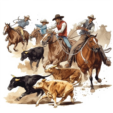 White background, clipart, Rodeo scene with cowboys and cowgirls competing in various events like bull riding, barrel racing, and roping.