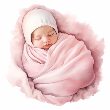A cute newborn figure sleeping in cute blanket with watercolor effect, very soft pink tones, suitable for digital clipart, white background, for babyshower, unrealistic details, animation scene
