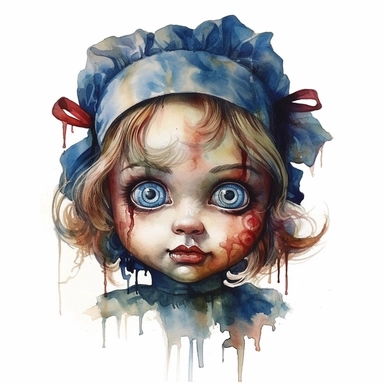 a headshot showing the scary face of a possessed doll, watercolor, ultra high-detail, dark outlines, clipart