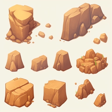 simple desert boulders, video game assets, isometric, top down, isolated figures, hand drawn, level art, low contrast, no borders, soft lightning, smooth edges, atmospheric effects, spatial concept art, muralist, clipart, ps1 graphics, deconstructed objects, 2d, plain background