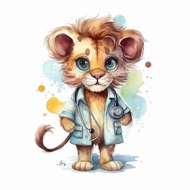 Cute Lion BABY, BEAUTIFUL big SHINING EYES ,HAPPY, dressed as a Doctor , Watercolor Little Animals Clipart, COLORFUL