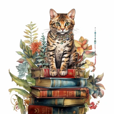A bold Bengal cat with steampunk-inspired metallic markings, roaming through a vibrant floral jungle and discovering hidden treasures within a stack of ancient books, watercolor, Clipart,intricate details, on white background