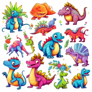 clip art elements, friendly cartoon dinosaurs and bones, bright colours