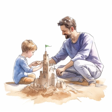 A father and son building a sandcastle on the beach, Watercolor, Clipart, detailed, high resolution, transparent background PNG