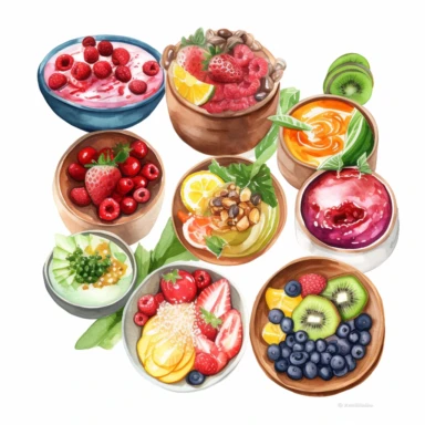 prompt watercolor clipart of a collection of various nutritious healthy bowls, presented in a flatlay style with a top-side view on a clean white background. Each bowl should be filled with a visually appealing arrangement of nutritious ingredients, showcasing their vibrant colors and textures. Ensure that the bowls are not overlapping or interacting with each other, maintaining a clear separation between them. Capture the details of each ingredient with delicate watercolor strokes, emphasizing 