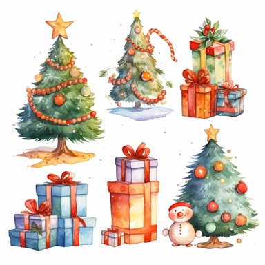 Watercolour cartoon style christmas clipart variations, simple, vector, 8k