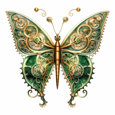 A delicate butterfly with wings detailed with intricate clockwork gears and cogs, with its colors echoing the shine of gold and green watercolour clipart, white background, no watermarks