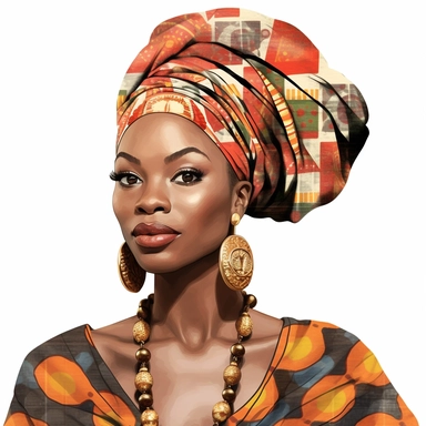clipart african american woman wearing african print headwraps and matching earrings, glam, realistic, isolated white background--s 250