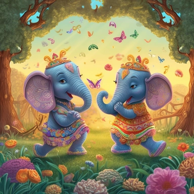 CUTE LITTLE WACKY ELEPHANTS dancing on the lawn, trees, flowers, muted colors, swirls, twists, twirls, metallic, glitter, stylized, funny, centered, airbrushed, digital oil, detailed illustration, clip art, cartoon, 8k,-- ar 9:8