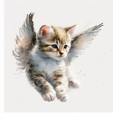 kitten with angel wings flying, cute, watercolor, white background, clipart