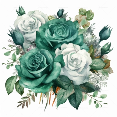 Birthday emerald green roses bouquet watercolor design clipart