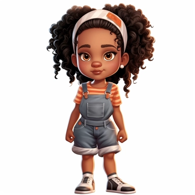 Adorable black girl wearing play clothes, ultra cute, cartoon realism, clip art